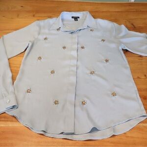 Ann Taylor Blue Floral Beaded Button Up Women’s Shear Blouse NWOT size Xs